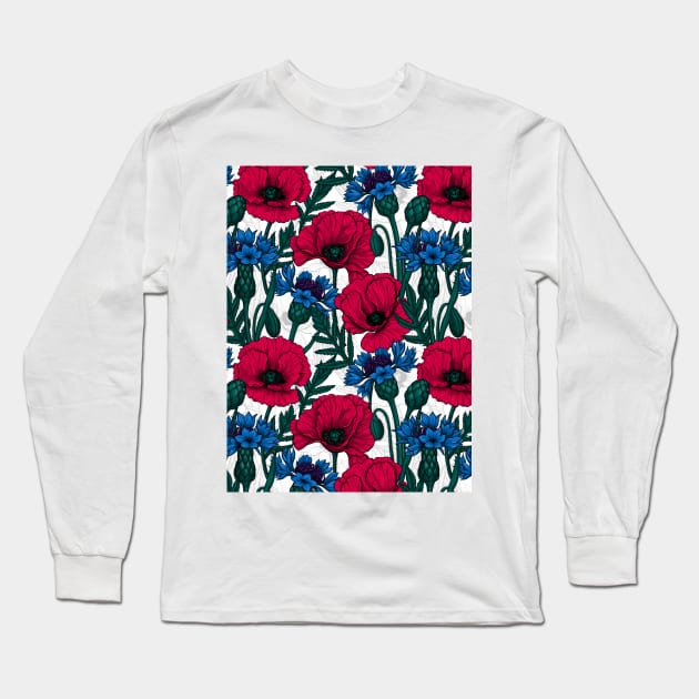 Red poppies and blue cornflowers on white Long Sleeve T-Shirt by katerinamk